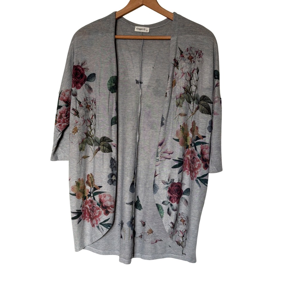 Ginger G Floral Print Kimono Cardigan Gray Women's Size L